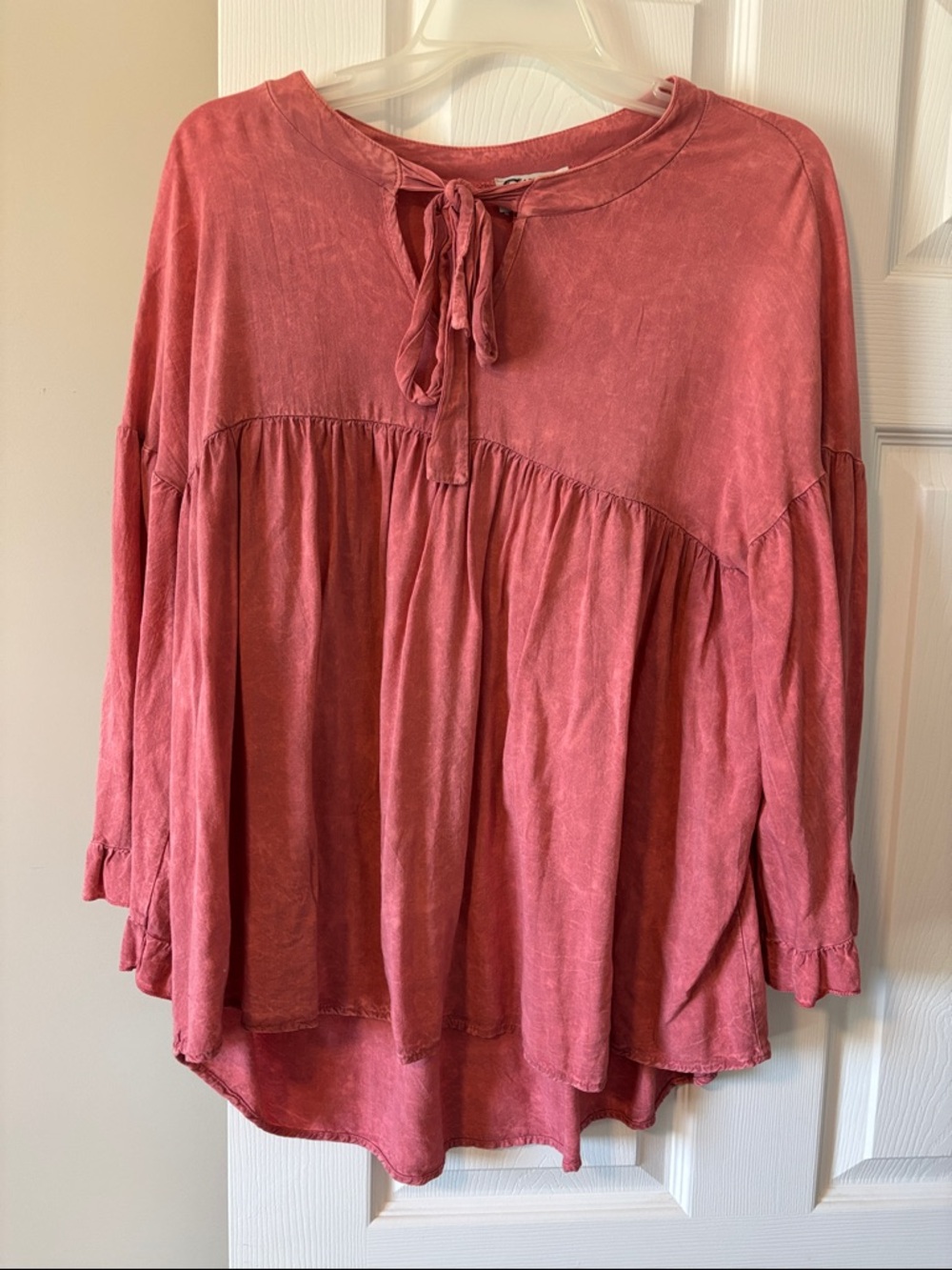 Washed Rose Tie-Neck Peasant Tunic Top